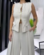 Bej Tensel Çift Fermuarlı Yelek - Görsel 4