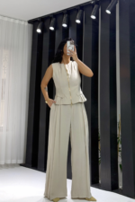 Bej Tensel Çift Fermuarlı Yelek