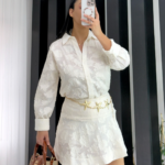 Ekru Desenli Gömlek Etek İkili Takım