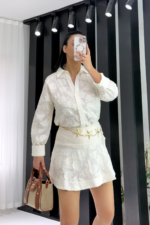 Ekru Desenli Gömlek Etek İkili Takım