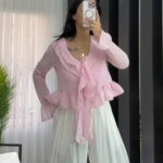 Pembe Transparan Fırfırlı Bluz