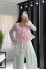 Pembe Transparan Fırfırlı Bluz