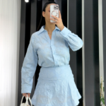 Mavi Desenli Gömlek Etek İkili Takım