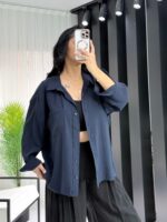 Lacivert Oversize Gömlek - Görsel 3