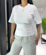 Beyaz Belden Oturtmalı Tişört - Görsel 4