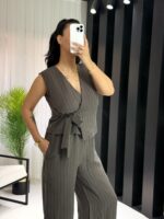Acı Kahve Bağlama Detay Çizgili Premium Tensel Takım - Görsel 2