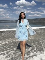 Mavi Kuşaklı Astarlı Elbise - Görsel 7