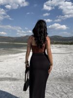 Siyah Dantel Yırtmaç Detay Kemerli Midi Etek - Görsel 3