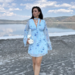 Mavi Kuşaklı Astarlı Elbise