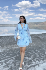 Mavi Kuşaklı Astarlı Elbise